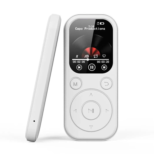 White rectangular slim mp3 player with touchscreen and circular buttons featuring recording fm radio and walkman compatible ebook