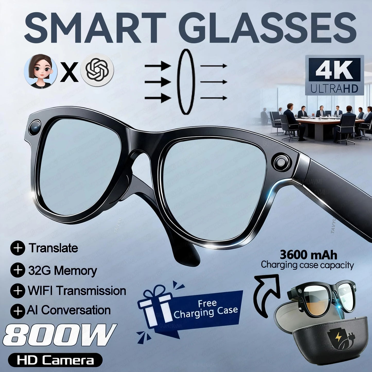 Black-framed smart glasses with 800w 4k camera lens and 3600mah power bank for photos videos and ai translation