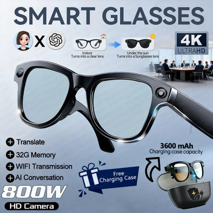 Black-framed smart glasses with sleek design featuring 800w 4k camera and 3600mah power bank for photos and translation