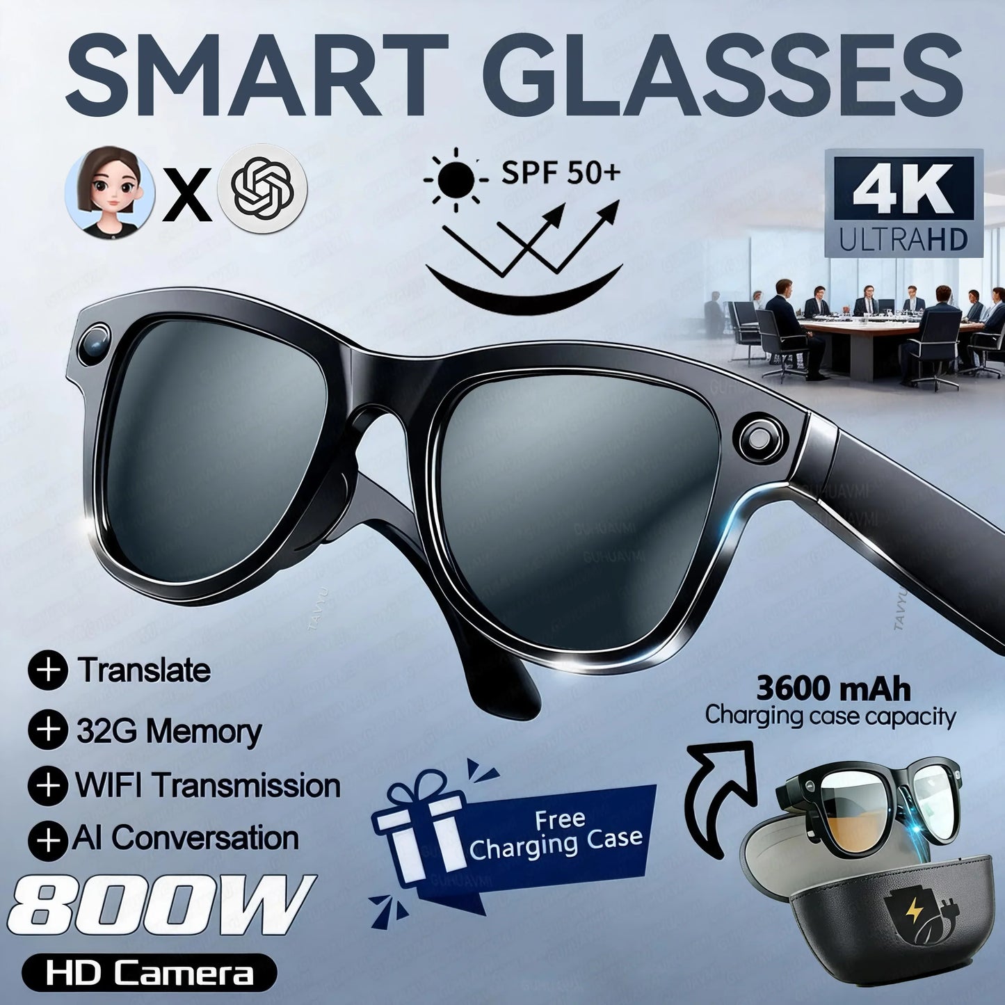 Black-framed smart glasses with dark mirrored lenses featuring an 800w 4k camera and 3600mah power bank for photos and videos