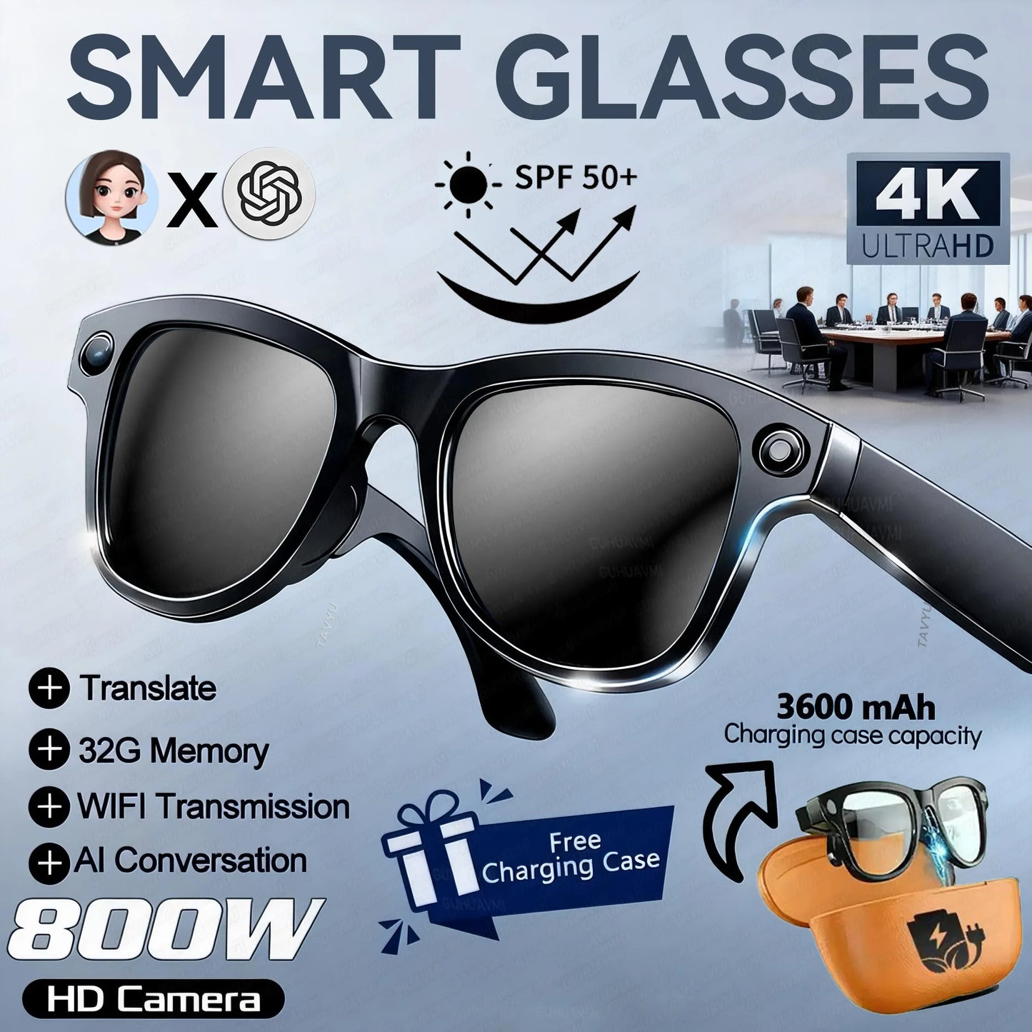 Black-framed smart glasses with dark lenses featuring an 800w 4k camera and 3600mah power bank for photos and translation