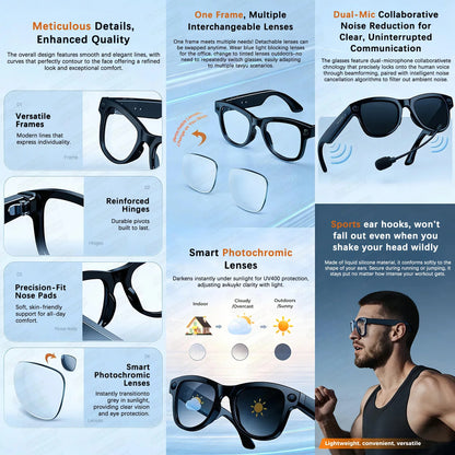 Black-framed smart glasses with 800w 4k camera interchangeable lenses and built-in microphone with 3600mah power bank