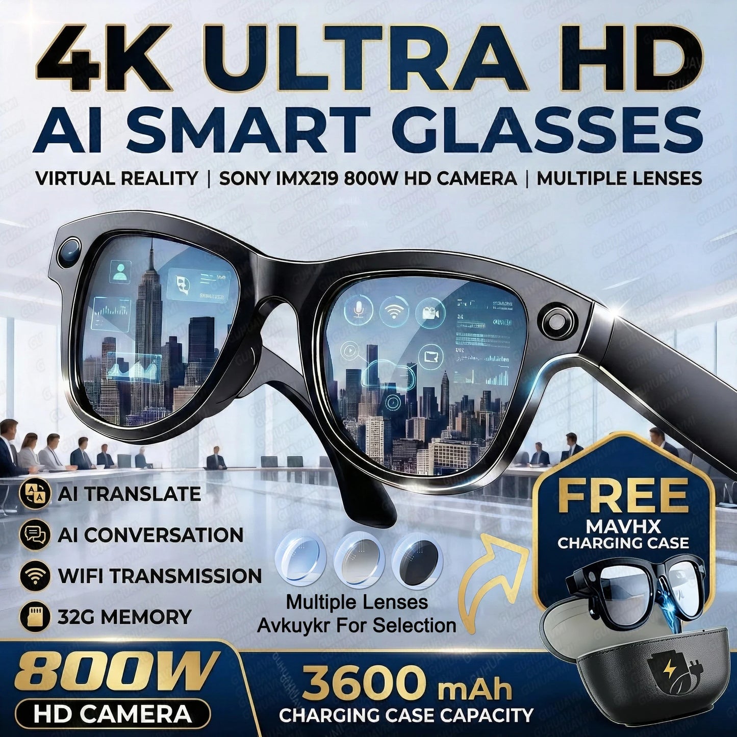 Black-framed smart glasses with 800w 4k camera 3600mah power bank and multiple lenses for virtual reality use