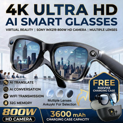Black-framed smart glasses with 800w 4k camera 3600mah power bank and multiple lenses for virtual reality use