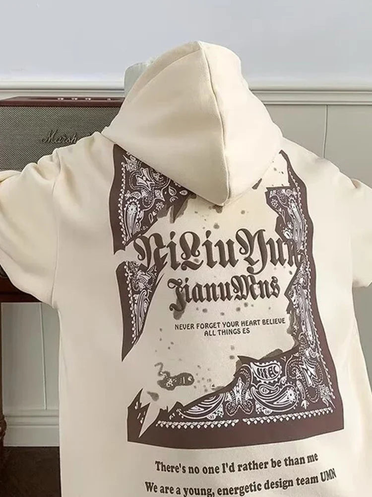 Cream-colored fleece pullover hoody y2k men harajuku goth style with bold brown bandana graphic and paisley patterns