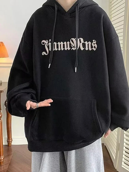 Black fleece pullover hoody y2k with white gothic lettering and matching drawstrings men harajuku goth streetwear