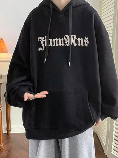 Black oversized pullover hoody y2k with white gothic lettering and matching drawstrings men harajuku goth hip hop graphic