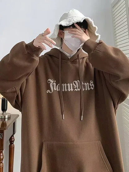 Brown oversized pullover hoody y2k with white embroidered lettering and matching drawstrings for men harajuku goth style