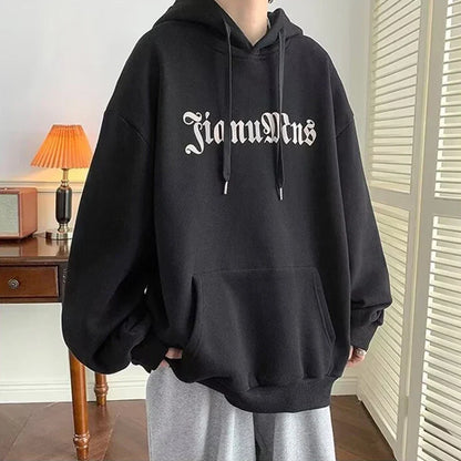 Black oversized fleece pullover hoody y2k with white gothic hip hop graphic lettering and matching drawstrings for men harajuku goth style