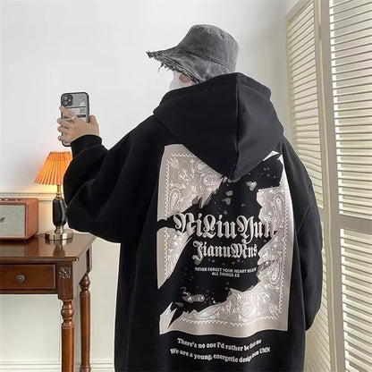 Black oversized pullover hoody y2k for men harajuku goth with white silver ornate hip hop graphic on back fleece sweatshirt