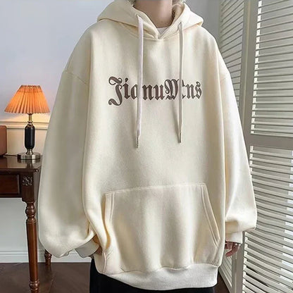 Cream-colored fleece pullover hoody y2k with black gothic hip hop graphic logo and matching drawstrings for men harajuku goth style