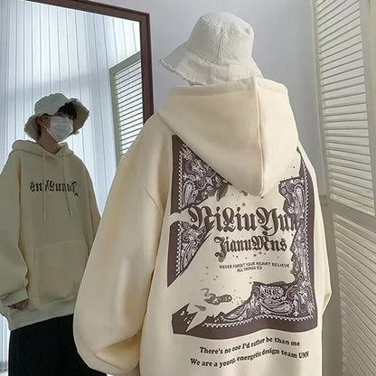 Cream-colored oversized pullover hoody y2k with bold black bandana-style hip hop graphic on back for men harajuku goth style