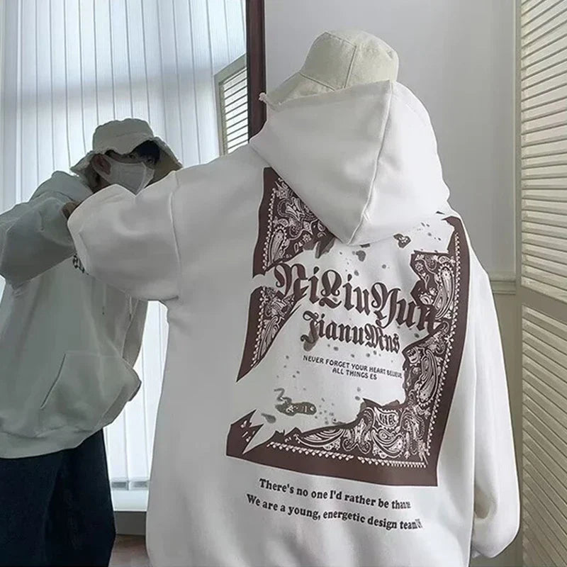 Back view of white oversized fleece pullover hoody y2k with brown bandana style graphic print and text for men harajuku goth