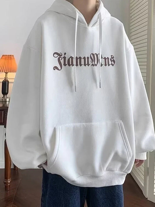 White oversized fleece pullover hoody y2k with black gothic tianumns print and matching drawstrings for men harajuku goth style