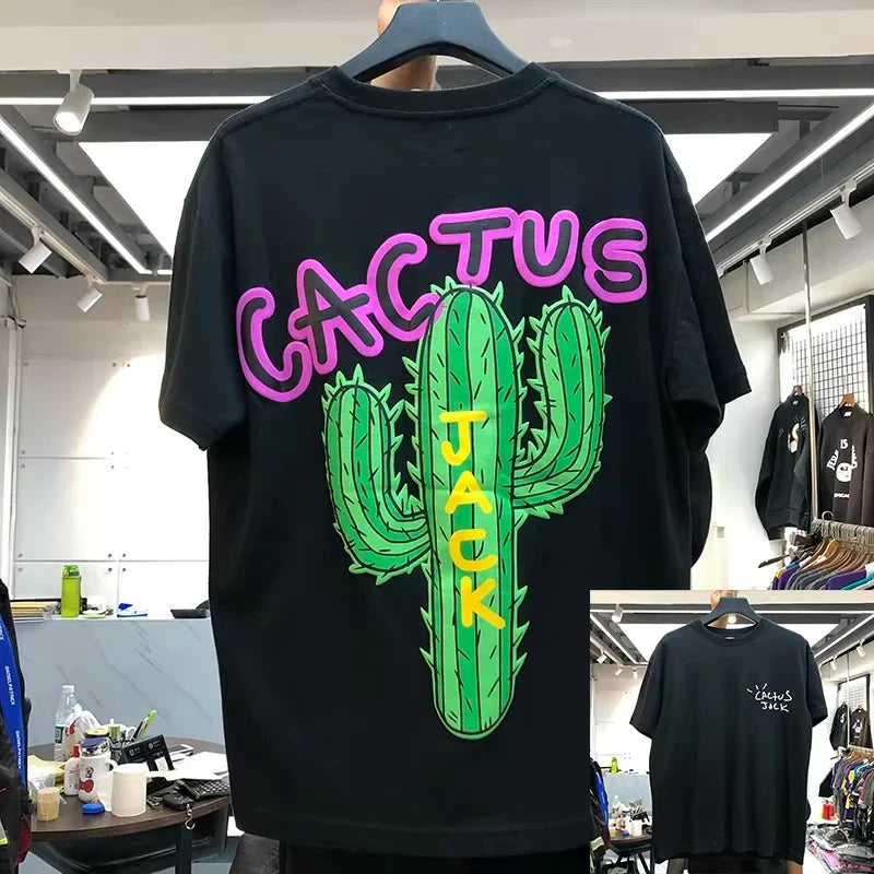 Black cotton hip hop shirt streetwear with neon pink and yellow lettering over green cactus graphic for 2026 style