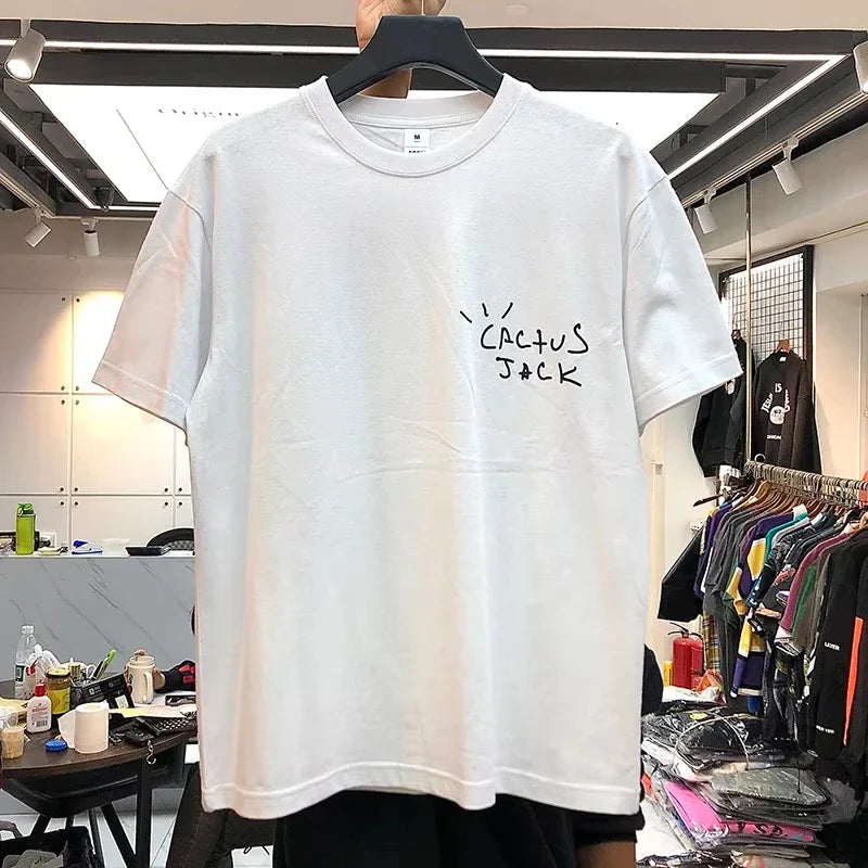 White cactus jack hip hop cotton streetwear t-shirt with black handwritten style logo on the chest