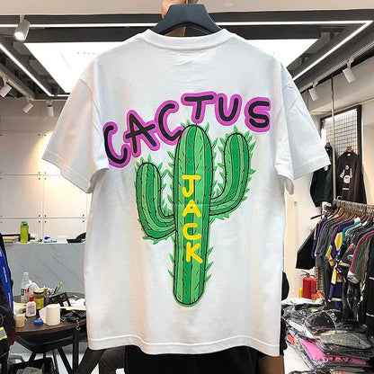 White cotton hip hop t shirt with vibrant green cactus graphic and bold purple cactus lettering for streetwear style