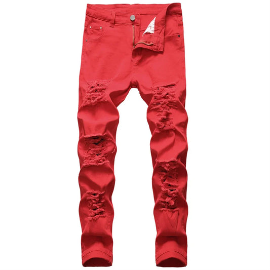 Red distressed denim jeans with ripped knee and thigh areas casual jeans trendy red hip hop trousers versatile stretch