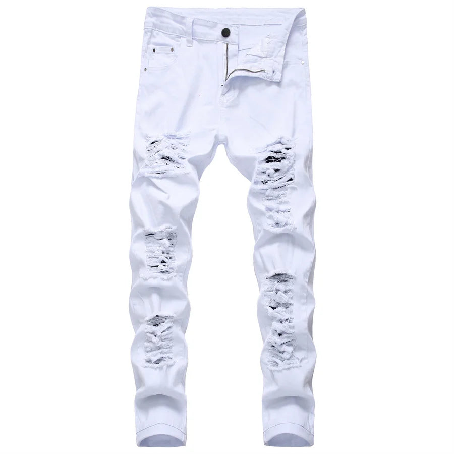 White distressed denim casual jeans trendy with ripped detailing, versatile stretch trousers for red hip hop style