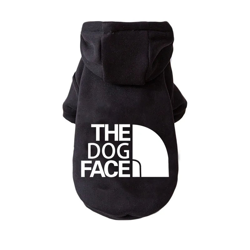 Black dog hoodie with white the dog face logo and half-circle emblem for warm dog hoodie large dog clothing chihuahua french bulldog