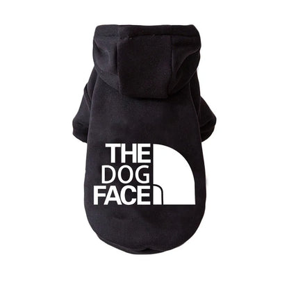 Black dog hoodie with white the dog face logo and half-circle emblem for warm dog hoodie large dog clothing chihuahua french bulldog