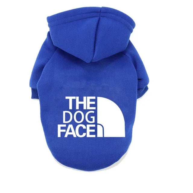 Blue fleece warm dog hoodie with white the dog face logo and half-circle emblem for chihuahua french bulldog large dog clothing