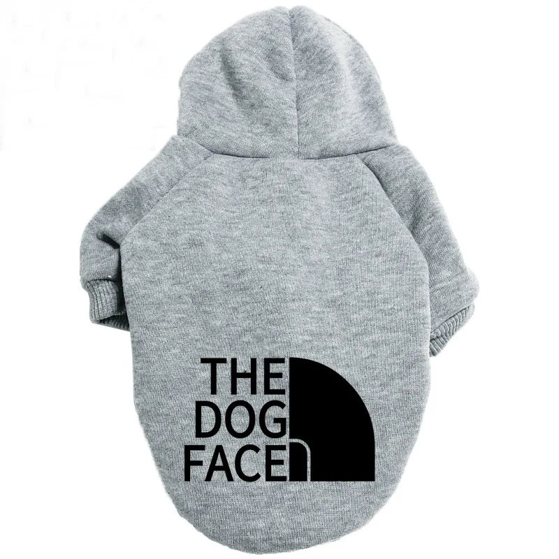 Gray heathered warm dog hoodie with black the dog face logo suitable for large dog clothing and chihuahua french bulldog