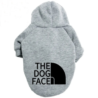 Gray heathered warm dog hoodie with black the dog face logo suitable for large dog clothing and chihuahua french bulldog