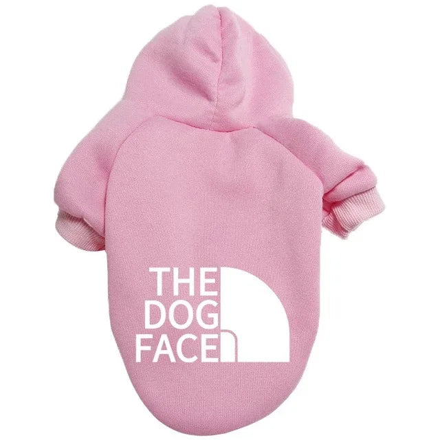 Pink fleece warm dog hoodie with white the dog face logo and half-circle emblem for large dog clothing chihuahua french bulldog
