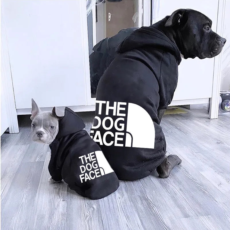 Black the north face warm dog hoodie with white logo and hood designed for large dog clothing and chihuahua french bulldog