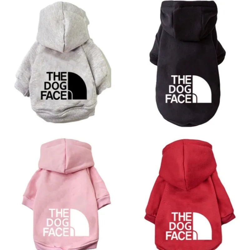 Gray black pink and red warm dog hoodie for large dog clothing with the dog face logo on the back for chihuahua french bulldog