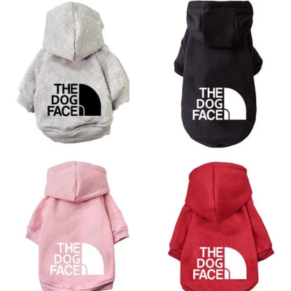 Gray black pink and red warm dog hoodie for large dog clothing with the dog face logo on the back for chihuahua french bulldog