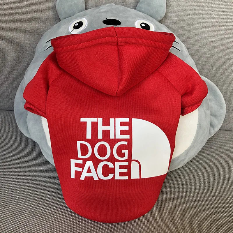 Red the north face warm dog hoodie in red with white logo on gray totoro plush for large dog clothing chihuahua french bulldog