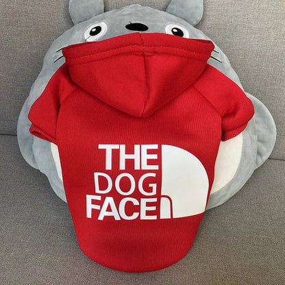 Red the north face warm dog hoodie in red with white logo on gray totoro plush for large dog clothing chihuahua french bulldog