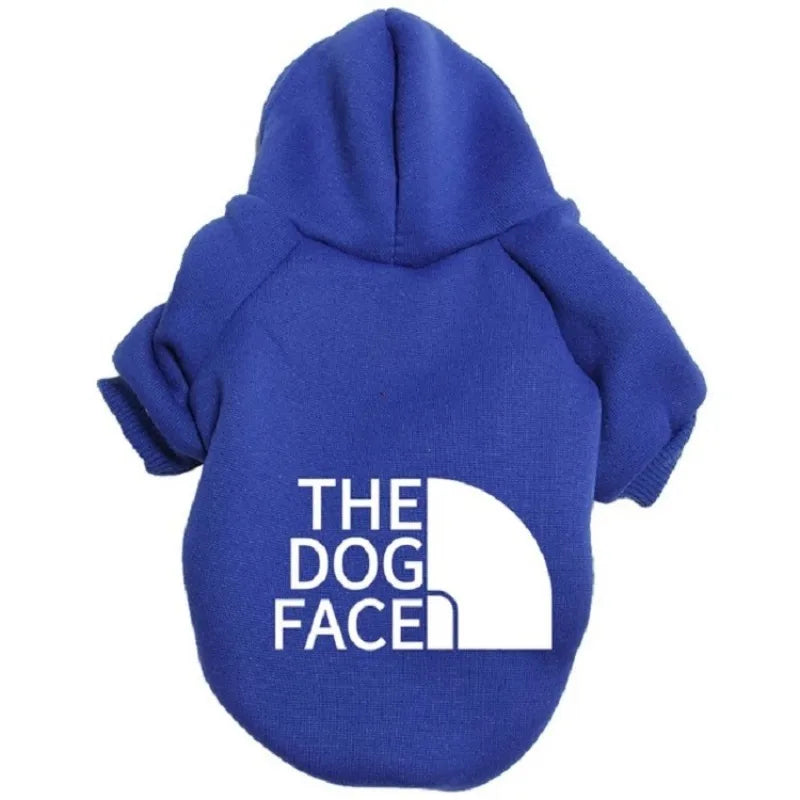 Royal blue warm dog hoodie with white the dog face logo and north face-style emblem for chihuahua french bulldog large dog clothing