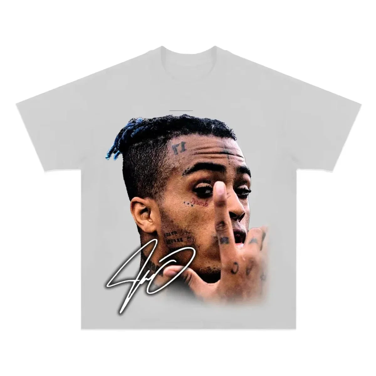 A light gray cotton graphic t-shirt xxxtentacion with full-color rapper retro graphic for y2k unisex t-shirt style