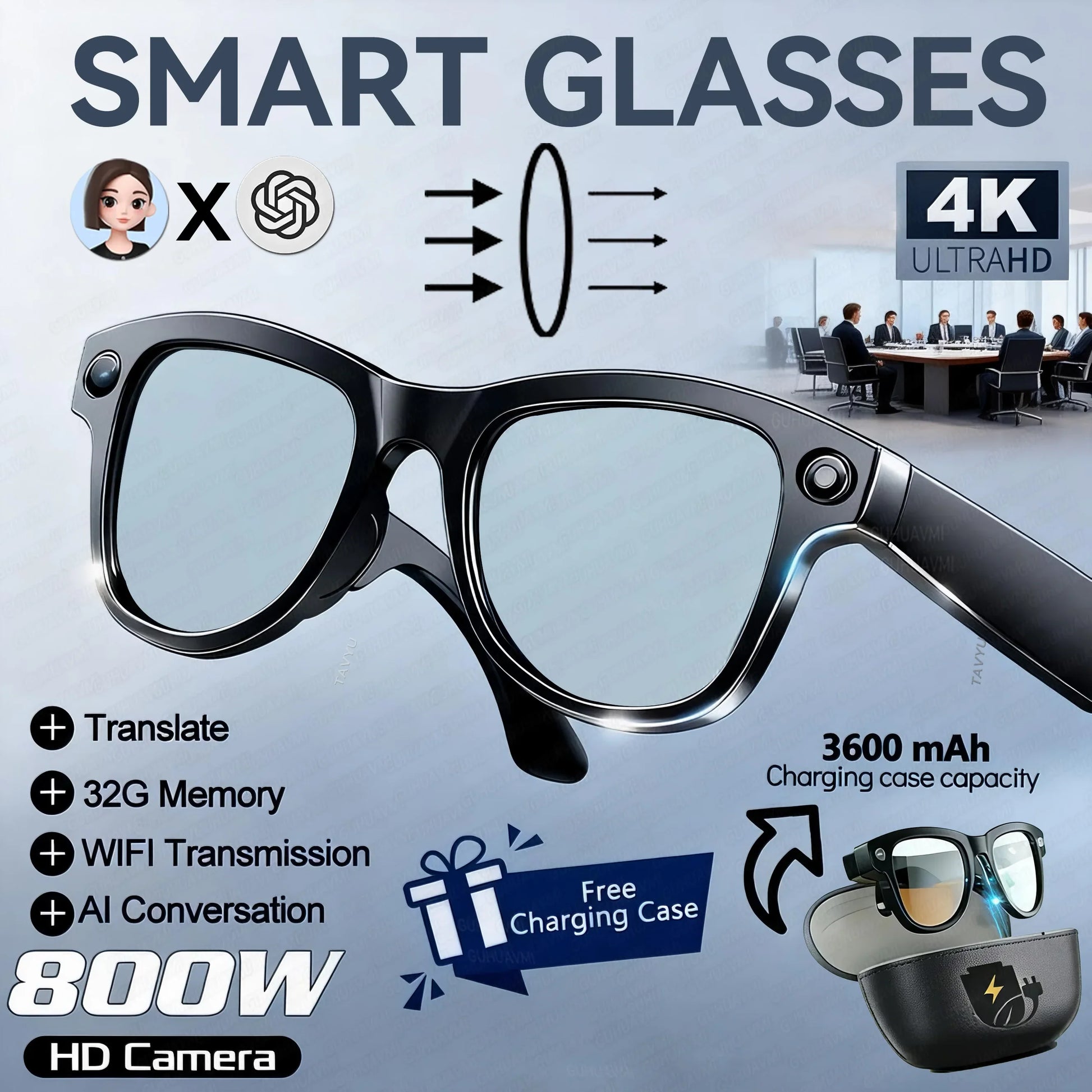 Black-framed smart ai glasses with sleek design featuring camera m02 ultra lenses and ultra chatgpt 3600mah charging case