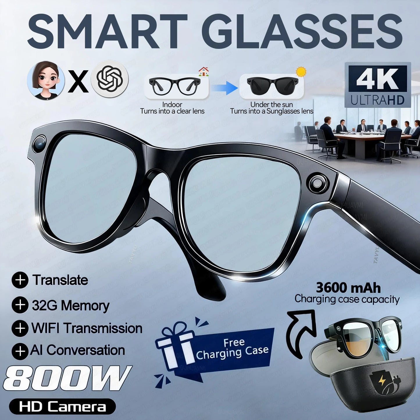 Black-framed smart ai glasses with sleek design and 4k ultra hd camera m02 ultra in ultra chatgpt 3600mah case