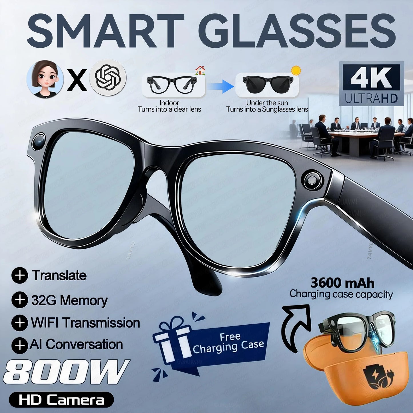 Black-framed smart ai glasses with camera m02 ultra lens on each temple and ultra chatgpt 3600mah charging case