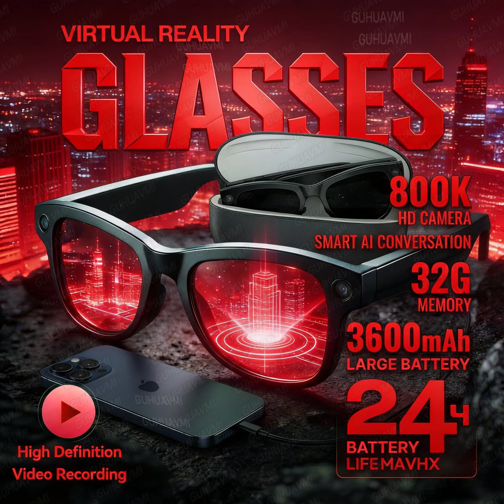Black-framed 2026 smart ai glasses with camera m02 ultra and red glowing displays featuring ultra chatgpt 3600mah power bank