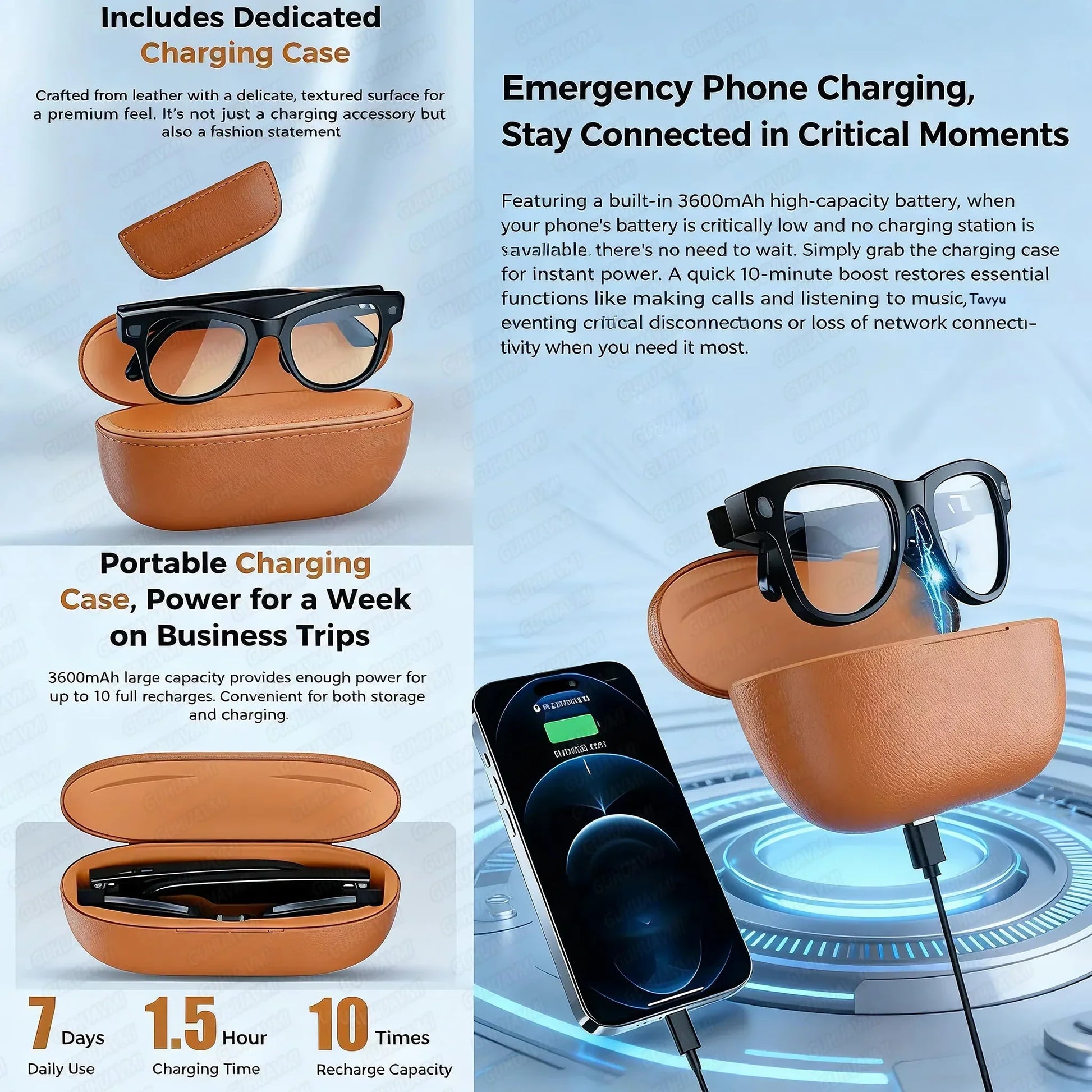Tan leather emergency phone charging case with built-in ultra chatgpt 3600mah battery for smart ai glasses camera m02 ultra