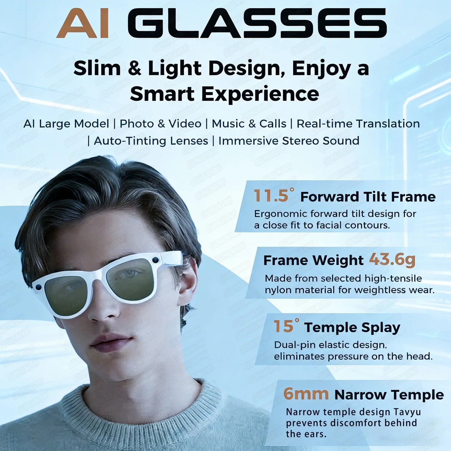 White-framed smart ai glasses with auto-tinting lenses camera m02 ultra and ultra chatgpt 3600mah charging case