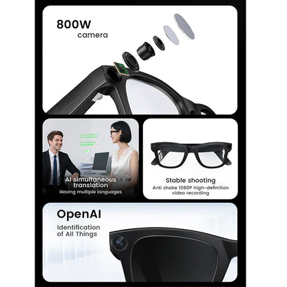 Black-framed 2026 smart glasses with 800w camera featuring openai record translation touch photochromic lenses music multifunction glasses
