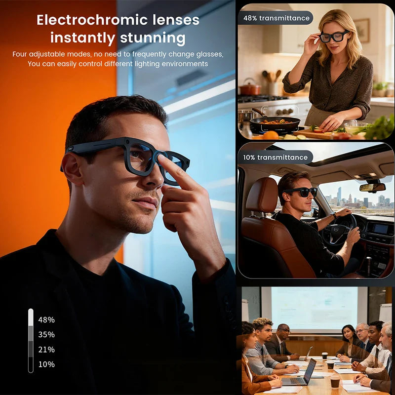 Black-framed 2026 smart glasses with touch photochromic lenses and music multifunction glasses for dynamic use
