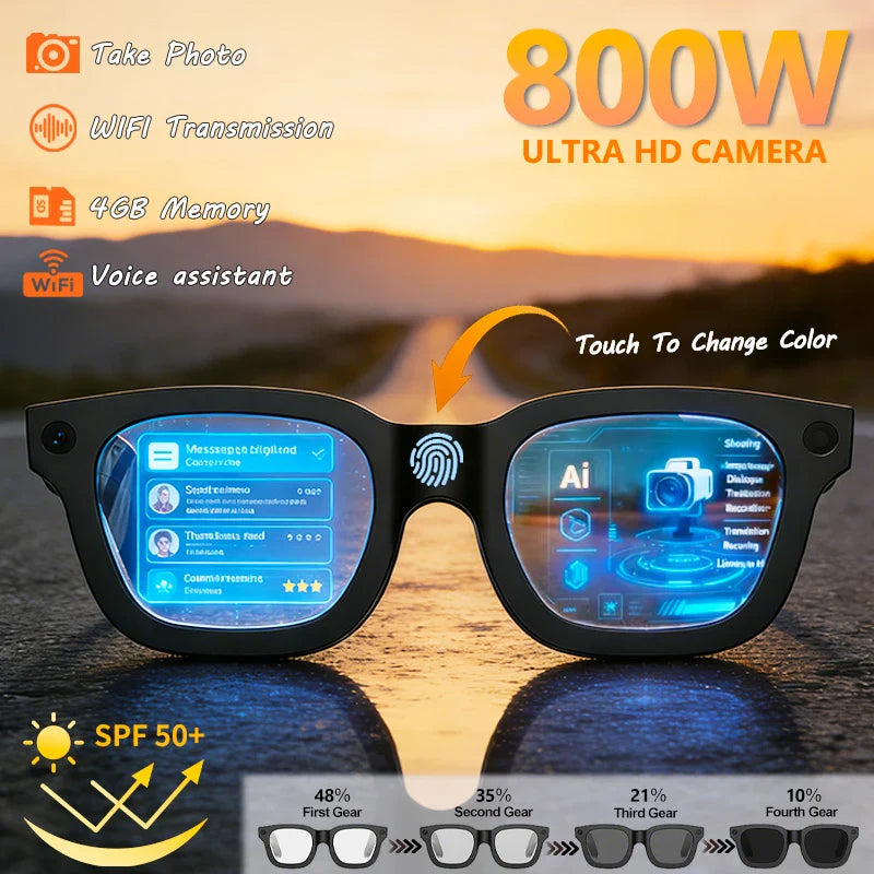 Black-framed 2026 smart glasses with 800w ultra hd camera touch photochromic lenses and openai record translation technology for music multifunction glasses