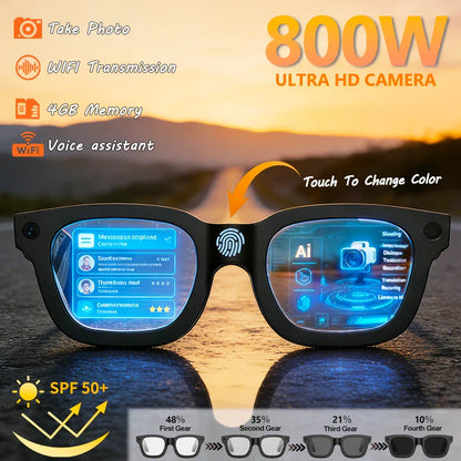 Black-framed 2026 smart glasses with 800w ultra hd camera touch photochromic lenses and openai record translation technology for music multifunction glasses