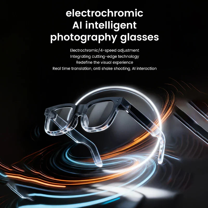 Black electrochromic ai intelligent photography glasses with transparent frames feature touch photochromic lenses and music multifunction glasses capabilities