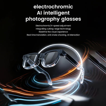 Black electrochromic ai intelligent photography glasses with transparent frames feature touch photochromic lenses and music multifunction glasses capabilities