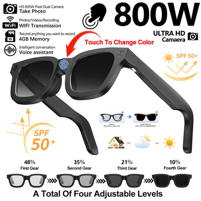 Black smart sunglasses with dual 800w cameras and touch photochromic lenses for openai record translation and music multifunction glasses