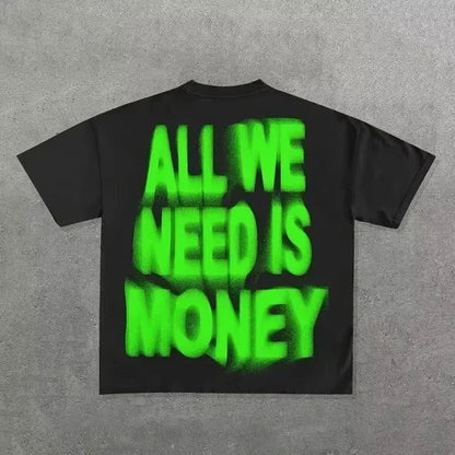 Back view of black cotton round neck t shirt with bold neon green hip hop letter print for neutral street cool style